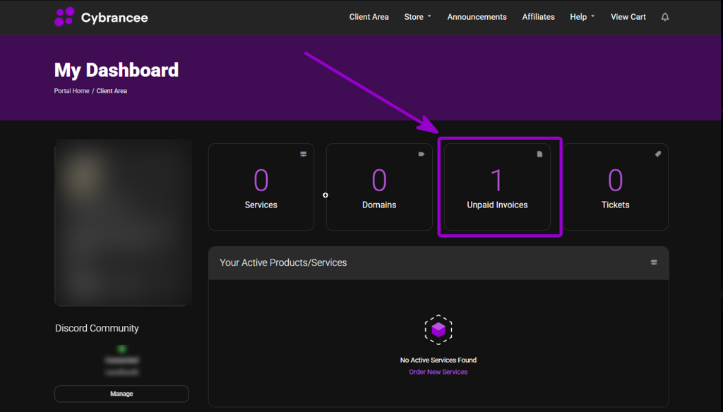 Cybrancee Client Area dashboard with Unpaid Invoices tile outlined with arrow
