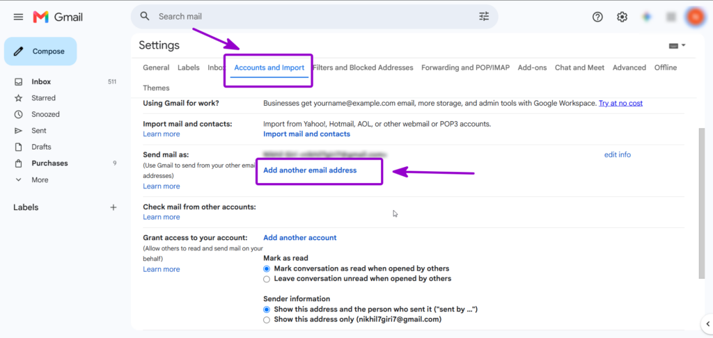 Gmail settings page with Accounts and Import tab and Add another email address link Outlined with Arrow