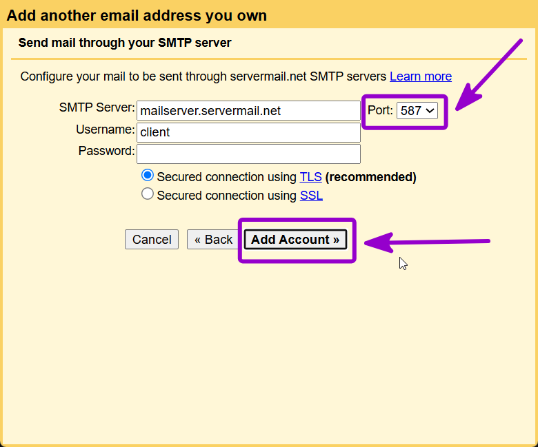 Gmail SMTP server configuration window with port 587 and Add Account button outlined with Arrow