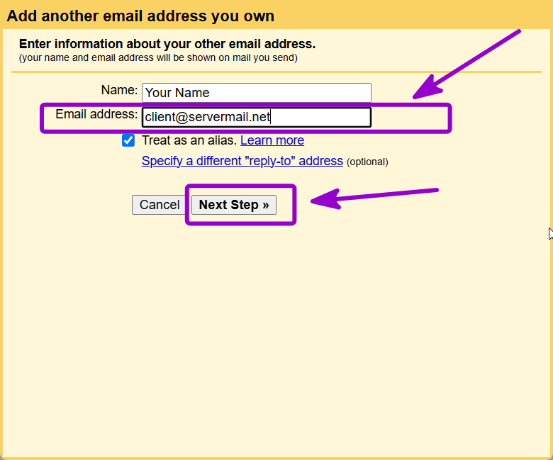 Gmail add email address modal with email field and Next Step button outlined with Arrow
