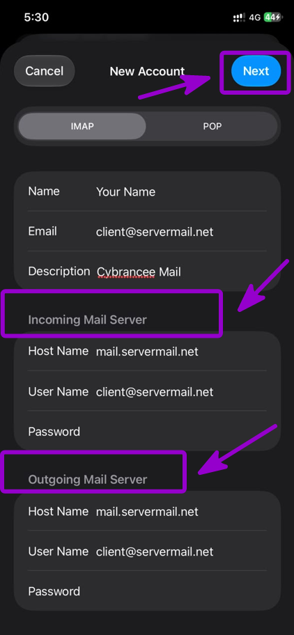 Mobile Mail New Account configuration screen with incoming and outgoing IMAP server details and Next button outlined with Arrow