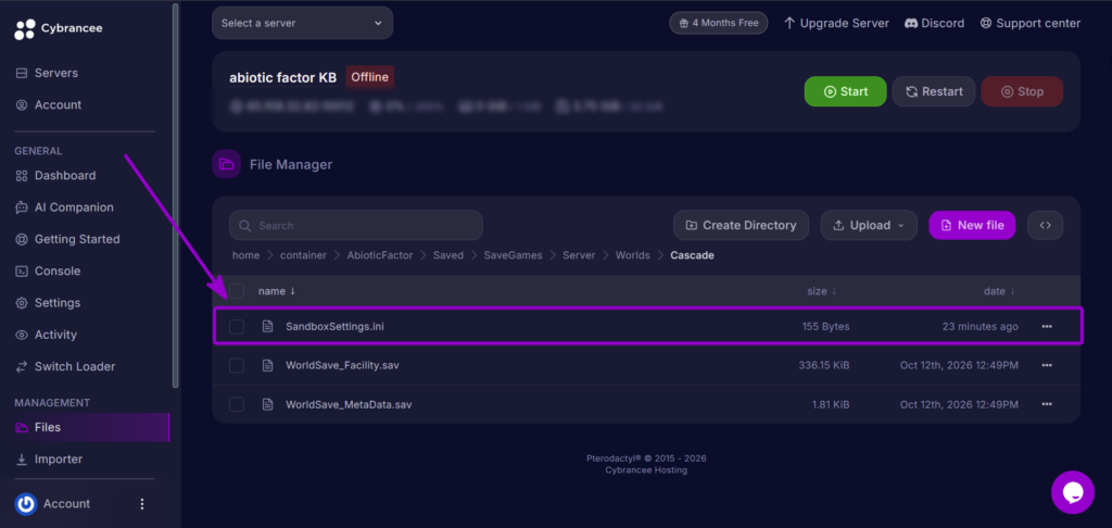Opening the SandboxSettings.ini configuration file on the Cybrancee panel with the file outlined with arrow