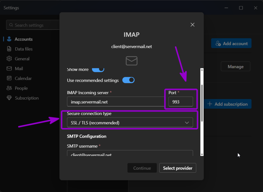 Outlook IMAP incoming server settings with port 993 and SSL connection Outlined with Arrow