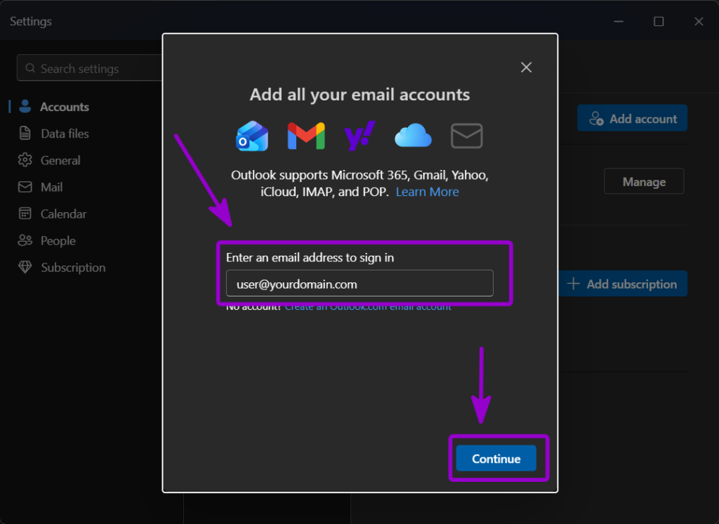 Outlook add account window with email field and Continue button Outlined with Arrow