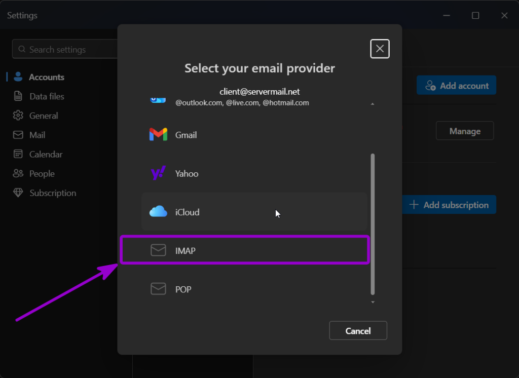 Outlook select your email provider window with IMAP option Outlined with Arrow
