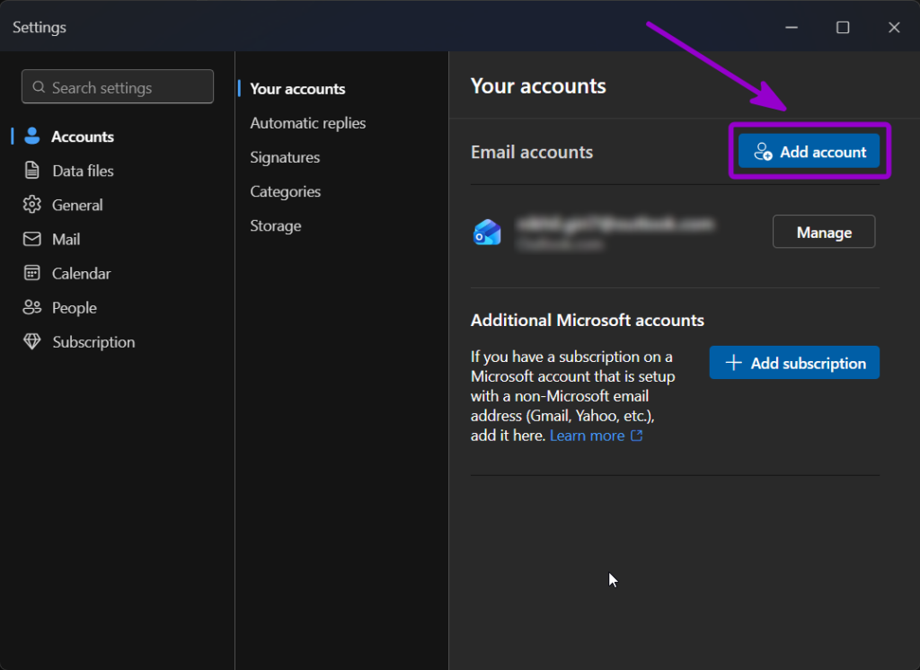 Outlook settings accounts page with Add account button Outlined With Arrow