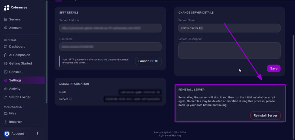 Reinstalling the Abiotic Factor server on the Cybrancee panel with the Reinstall Server button outlined with arrow