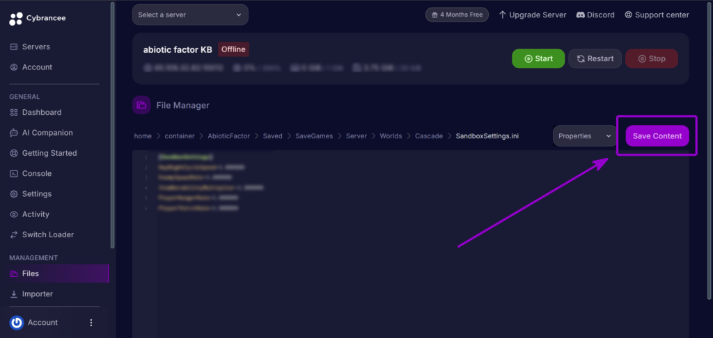 Starting the Abiotic Factor server on the Cybrancee console with the Start button outlined with arrow