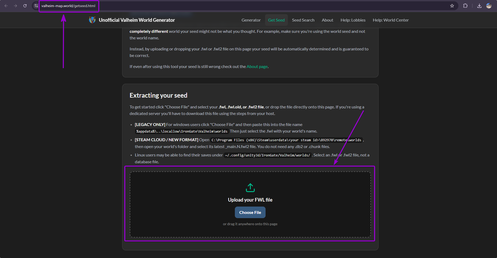 Accessing the Valheim Seed ID Extractor and Upload the .fwl file to the website