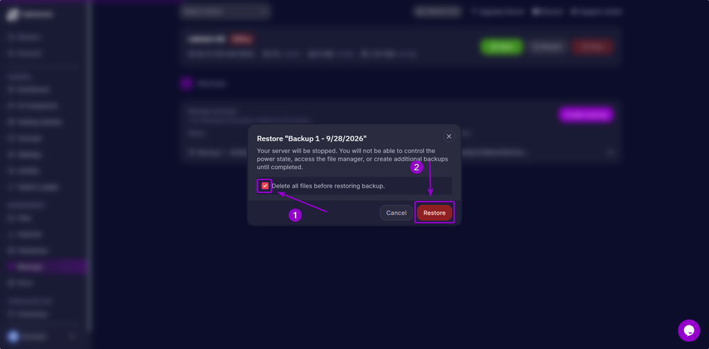 Click the checkbox and Chick the Restore Button in the Cybrancee Game Panel