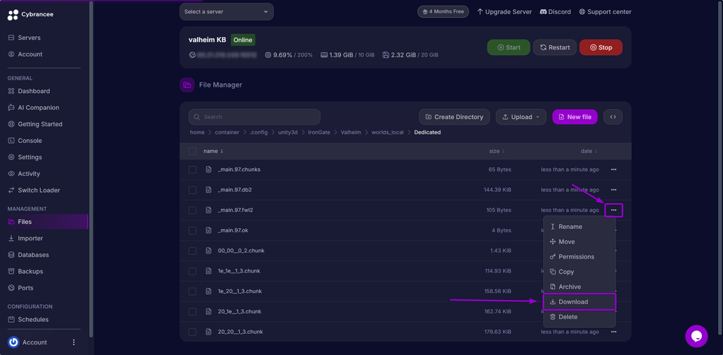 Downloading the .fwl file by clicking the '3-dot' button and click the 'Download' button in they Cybrancee Game Panel