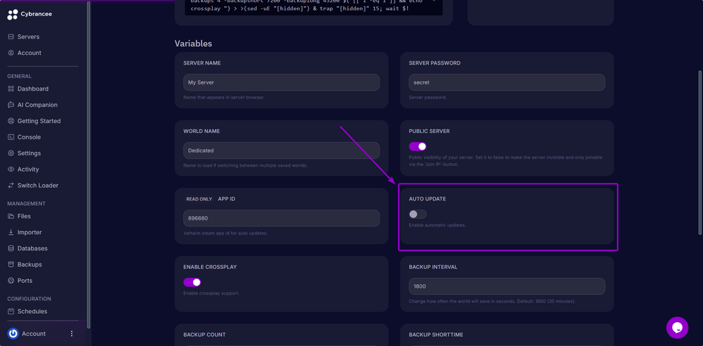 Locate the Auto Update Section on the Start Up Tab at Cybrancee Game Panel