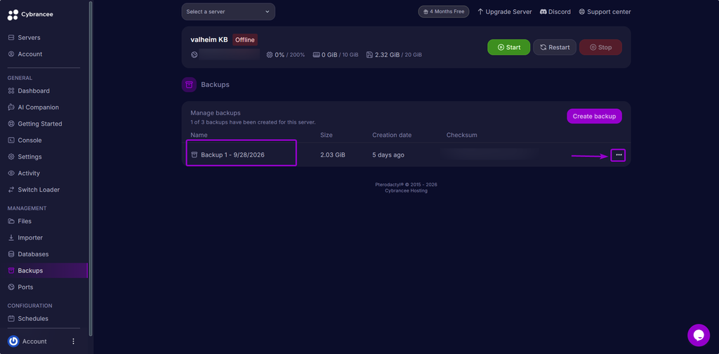 Location the Backup Files on the Backup Section and Select the 3 dot buttons to open options in the Cybrancee Game Panel