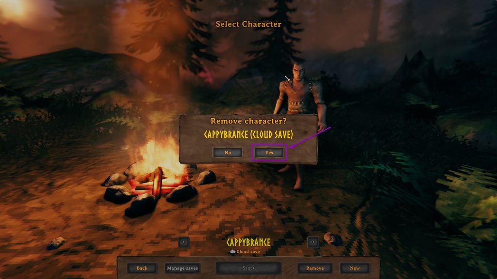 Click the Yes button to remove the character and its files in Valheim