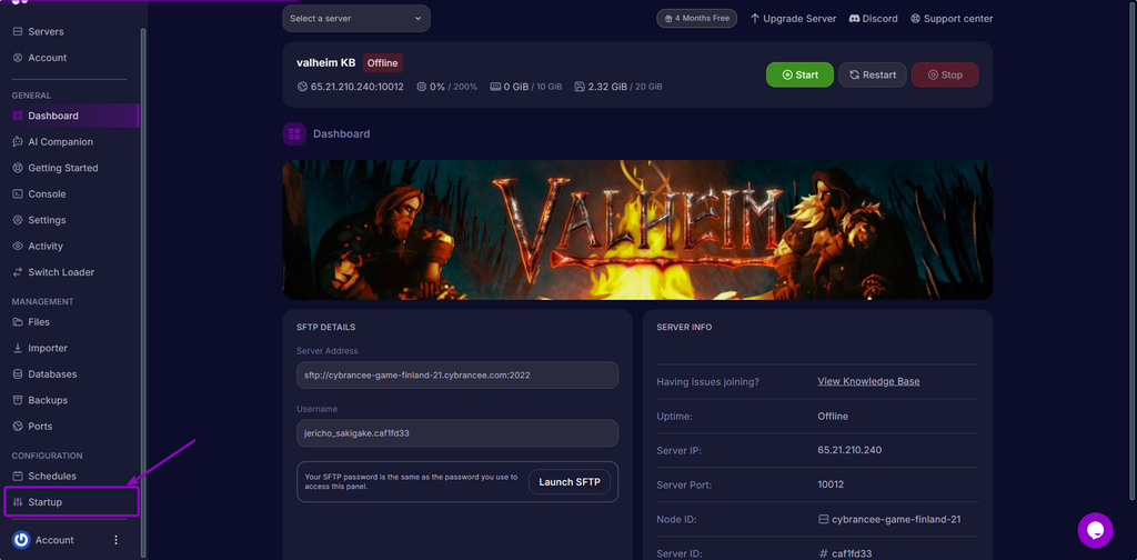 Locate the Start Up Tab at the Cybrancee Game Panel