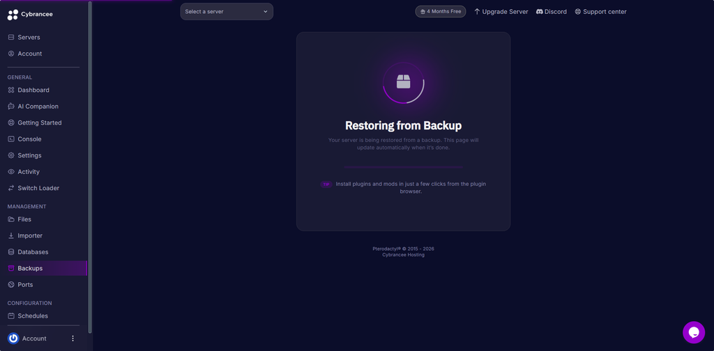 Wait for restoration of the server at the Cybrancee Game Panel
