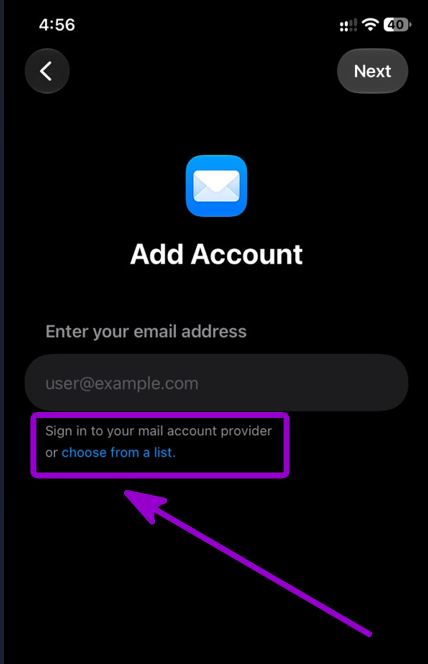 iOS Mail Add Account screen showing the choose from a list option outlined with Arrow