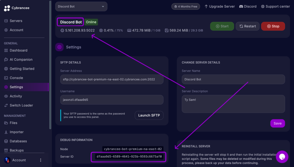 Cybrancee panel Settings page with the server name and ID highlighted by purple boxes and arrows.