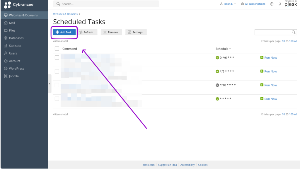 Cybrancee Plesk Scheduled Tasks page with the Add Task button outlined in purple and indicated by an arrow.