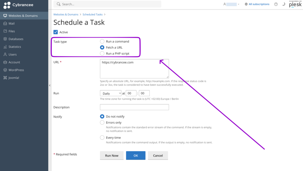 Cybrancee Scheduled Tasks form with task types outlined and an arrow pointing to the selections.