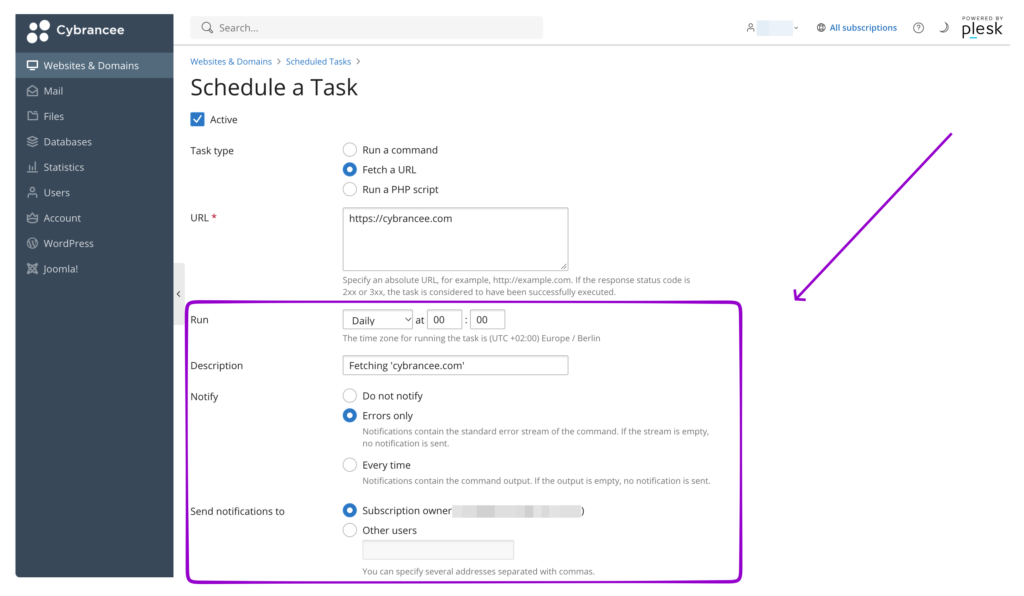 Cybrancee Plesk Scheduled Tasks form with schedule and notification settings outlined and indicated by an arrow.