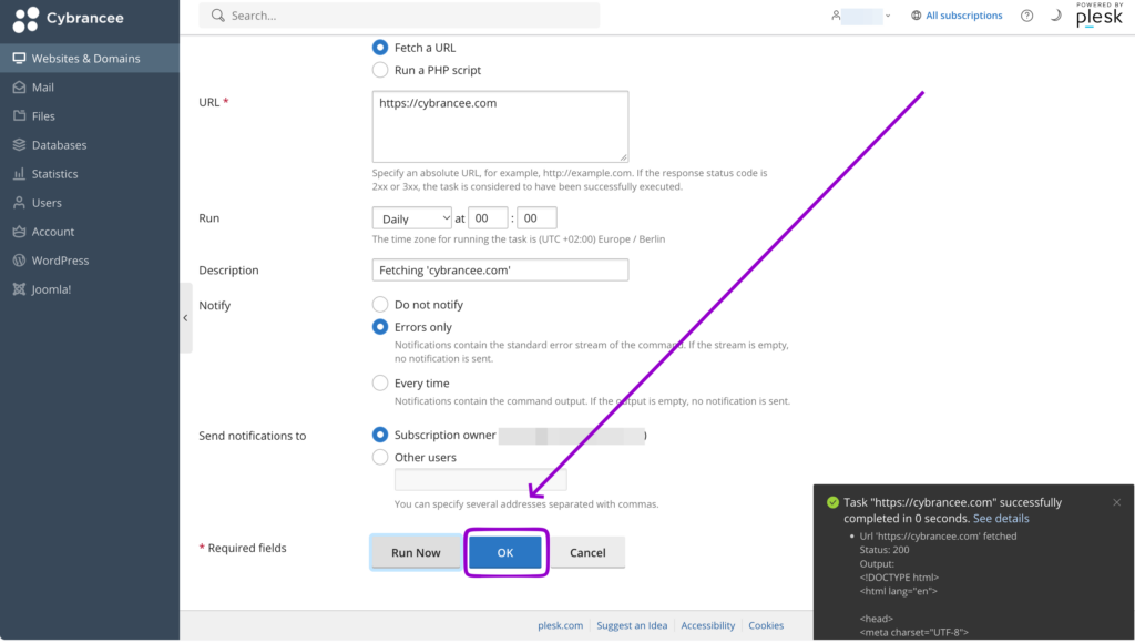Cybrancee Plesk task form with the OK button highlighted by a purple outline and arrow.