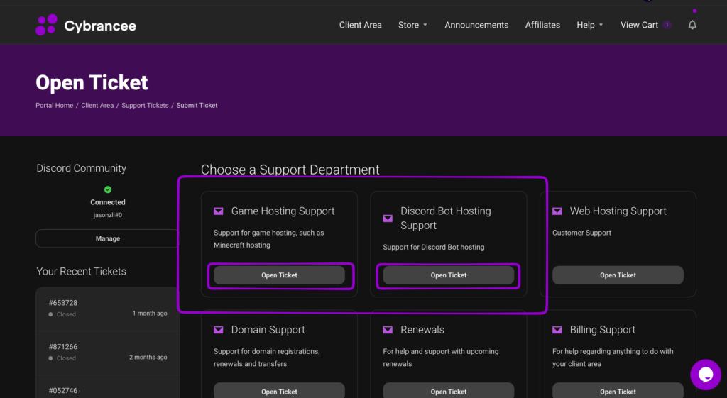 Cybrancee Open Ticket page with Game Hosting and Discord Bot Hosting buttons outlined in purple.