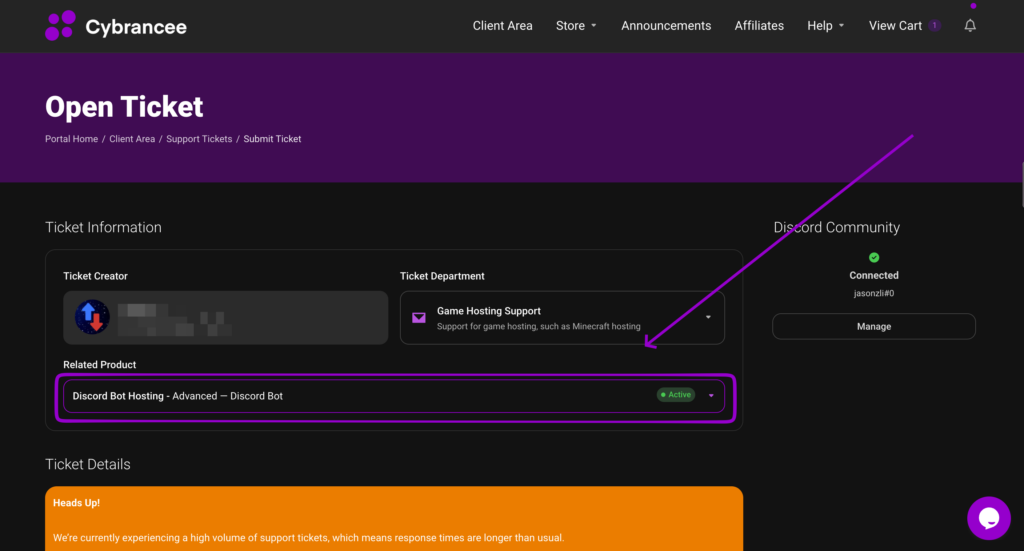 Cybrancee Open Ticket page with the Related Product selector outlined and indicated by an arrow.