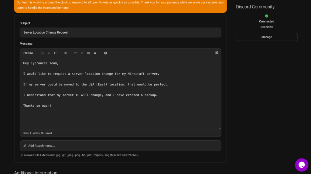 Cybrancee support form with a server location change request for the USA (East) location.