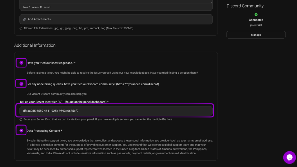 Cybrancee support ticket form highlighting required checkboxes and the Server Identifier field.