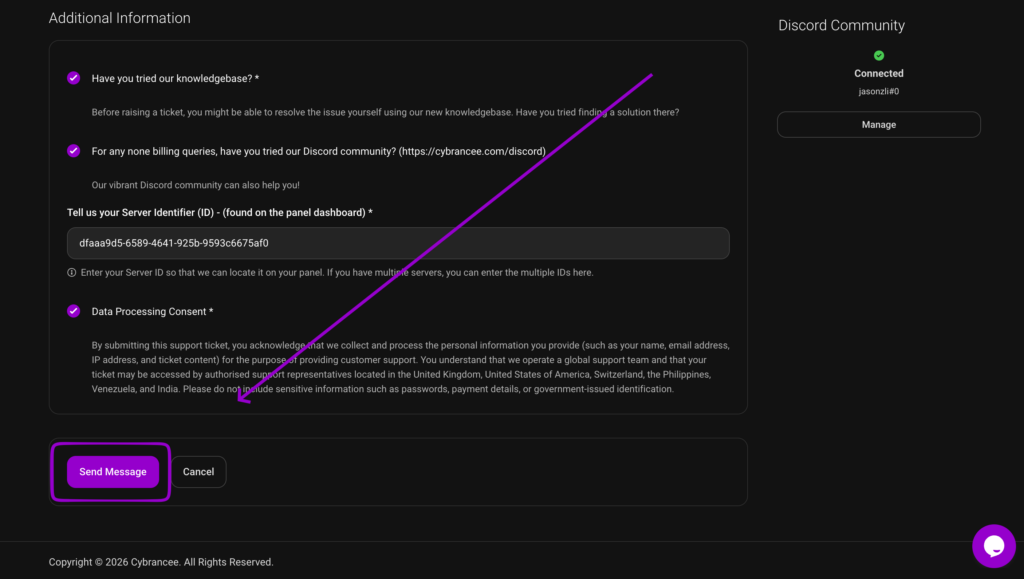 Cybrancee support ticket form with the Send Message button highlighted by a box and arrow.