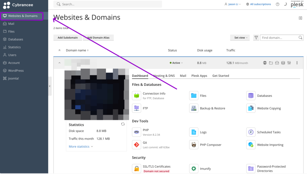 Cybrancee Plesk panel with Websites & Domains highlighted by a purple box and arrow.