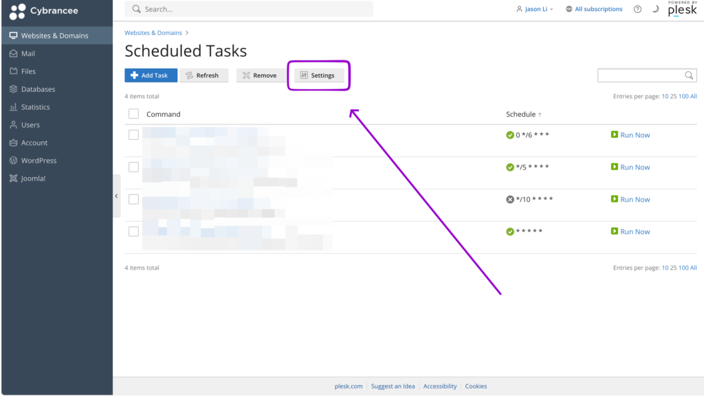 Cybrancee Plesk Scheduled Tasks page with the Settings button outlined and indicated by an arrow.